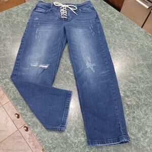 Forever 21 Lace Up Mid Rise Flare Leg Blue Denim Jeans Size 28 Rocker Y2k Vibes